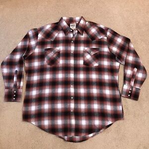 Ely Cattleman Plaid Flannel Shirt Pearl Snap Mens XXL Black Orange Soft Cotton